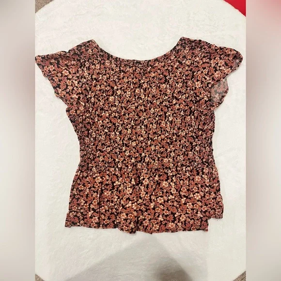 Japna Floral Smocked Peplum Top - Boho V-Neck Cap Sleeve - Size Large - Picture 2 of 6